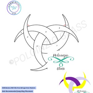 May include: A black and white line drawing of a Celtic knot design with three crescent moons. The design is labelled "Three Crescent Moon Celtic Symbol" and "9 Pieces". The image also includes a logo for "Poloinzio Glass" and instructions for assembling the design.