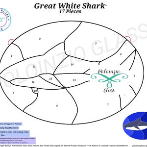 Op de afbeelding: Een zwart-witte lijntekening van een witte haai, verdeeld in 17 genummerde stukken voor het maken van glas-in-lood. De titel "Great White Shark" en "17 Pieces" staan boven de afbeelding. De afbeelding bevat een logo voor "Poloinzio Glass".