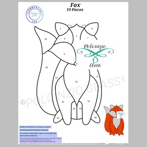 Może przedstawiać: Czarno-biały wzór linii przedstawiający lisa z 19 ponumerowanymi elementami. Wzór jest oznaczony jako "Fox" i "Poloinzio Glass". W prawym dolnym rogu znajduje się mniejsza ilustracja lisa.