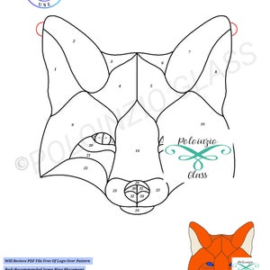 Może przedstawiać: Czarno-biały rysunek głowy lisa z ponumerowanymi sekcjami do tworzenia witraży. Obraz zawiera tekst "Fox™ 33 Pieces" i "Poloinzio Glass". W prawym dolnym rogu znajduje się kolorowy obraz głowy lisa.