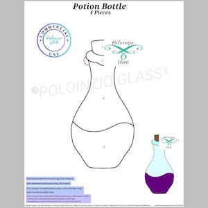 May include: A black and white line drawing of a potion bottle, divided into four pieces, labeled 1-4. The bottle is labeled "Poloinzio Glass". A smaller image shows a completed potion bottle with purple liquid.