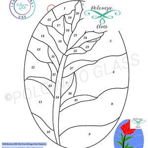 May include: A black and white line art pattern of an Indian Paintbrush flower with 37 numbered pieces. The pattern is labelled "Poloinzio Glass" and includes instructions for jump ring placement. A small red and green stained glass flower is shown in the bottom right corner.