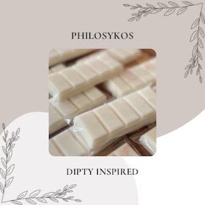 May include: Close-up of several rectangular, off-white wax melt bars, each divided into segments and individually packaged in clear plastic. The text "PHILOSYKOS" and "DIPTY INSPIRED" are displayed on a neutral background with decorative leaf accents.
