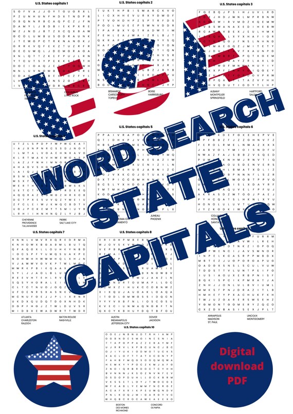 us states capitals word search printable set of 10 puzzles for etsy