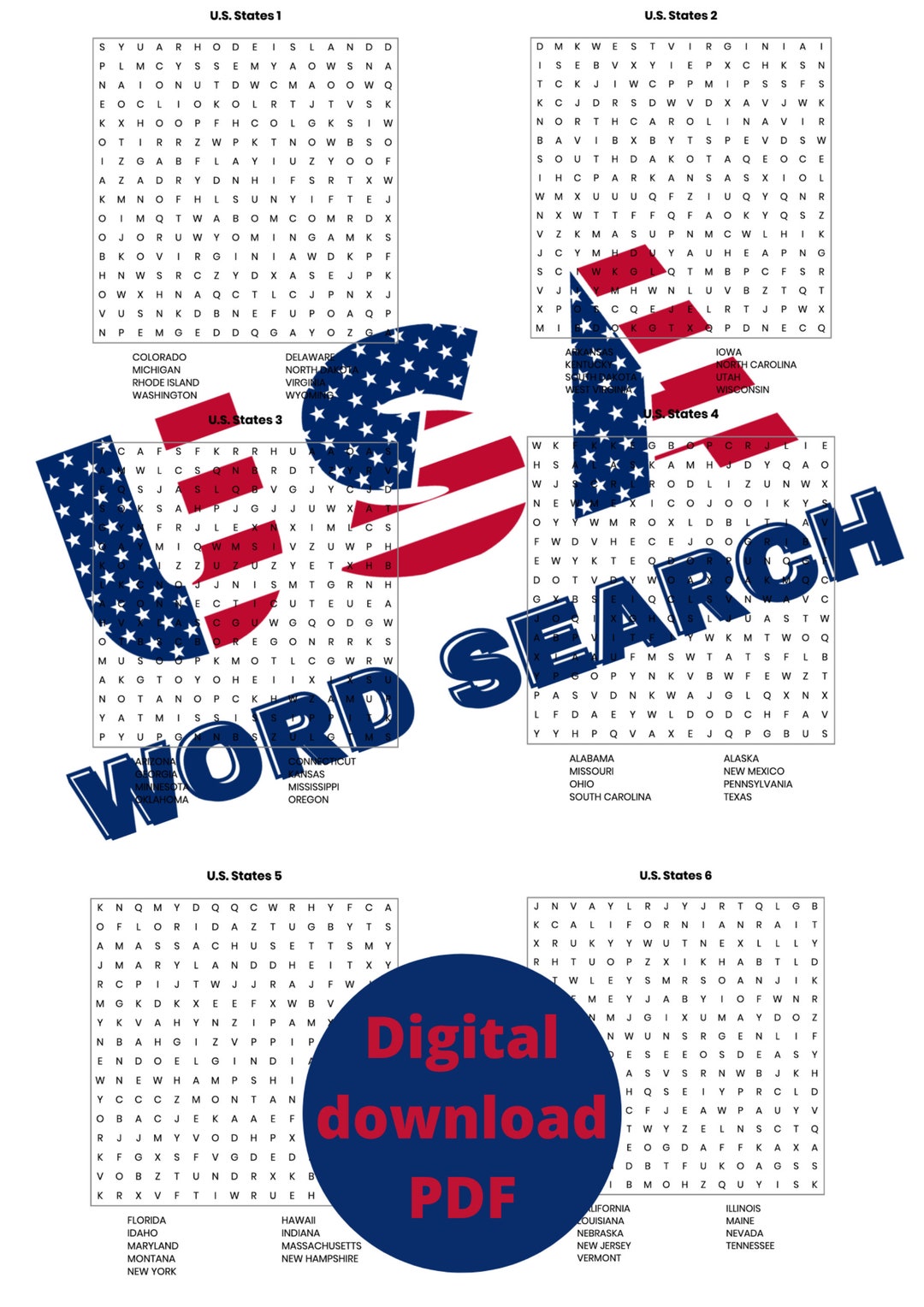 US States Word Search Printable Set of 6 Puzzles for Kids and - Etsy