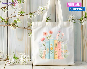Floral Book Tote Bag, Library Bag, Book lover Gift, Reusable Book Tote, Teachers Gift, Canvas Tote Bag, Bookworm Tote Bag, Book Nerd Tote