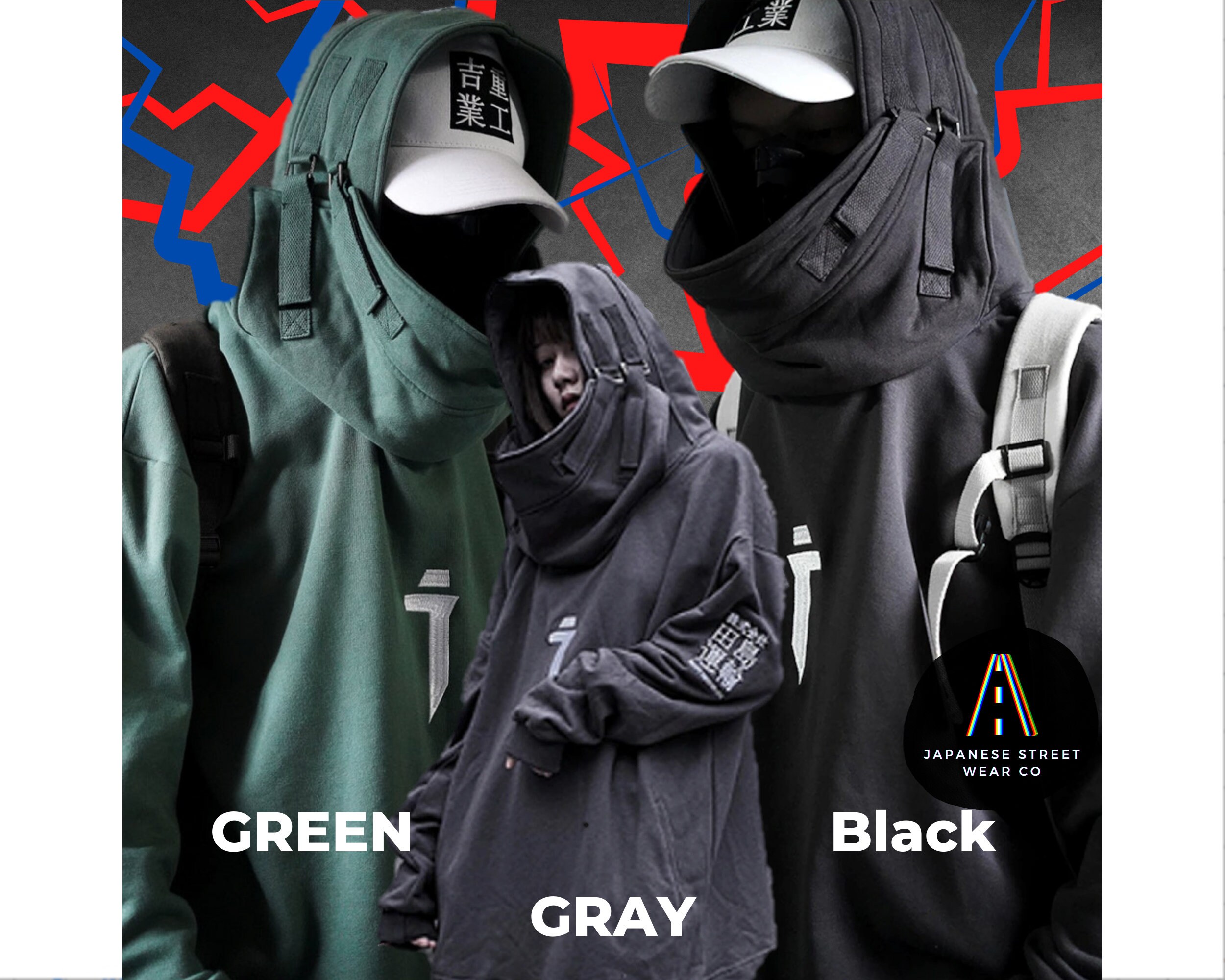 Unisex Harajuku Trendy Skimask Black Hoodie Hip Hop Urban Techwear Green Pullover Oversized Gray Cyperpunk High Neck Sweatshirt