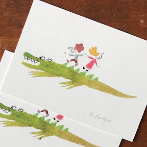 5 Minidrucke 7,2 x 5 cm auf Kartonpapier, auf der Vorderseite von Rodrigo Pareja signiert. Krokodil und Kinder. 5 Minidrucke auf Karton.