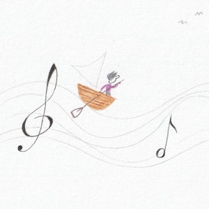 May include: A black and white illustration of a person rowing a boat on a wavy line of musical notes. The person is wearing a purple shirt and is holding a paddle. The musical notes are a treble clef and a series of eighth notes. The illustration is signed "R. Pareja".
