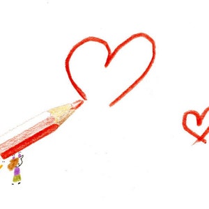Cartulina grande de papel brillo doble 18,2 x 11,7 cm, personitas dibujando corazones, dibujo de Rodrigo Pareja