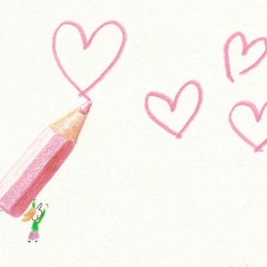 Carte postale, "Drawing hearts", reproduction d'un dessin de Rodrigo Pareja. Dimensions 10.5 x 14.9 cm