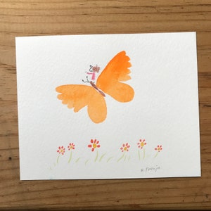 Pequeño dibujo original, 10,9 x 8,7 cm, Viaje en mariposa. Dibujo de Rodrigo Pareja, firmado.