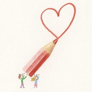 Miniature FRAMED drawing by Rodrigo Pareja, "Drawing a heart", frame dimensions 15.5 x 20.5 cm, art is signed, wedding gift, baby's room.