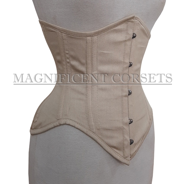 Cotton Cream Corset Underbust Double Steel Boned Waist Trainer Conical Heavy Duty Skin Corset