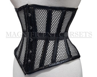 Shiny PVC and Mesh Corset Steel Boned Tight Lacing Black Underbust Waist Trainer Corset