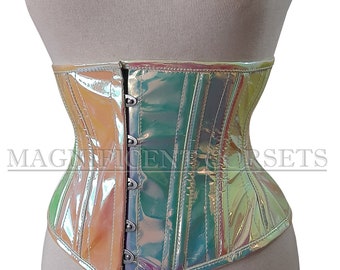 Women's Underbust Steel Boned Shiny Holographic Corset Waist Trainer Weight Loss Shaper Tight Lacing Shiny Corset