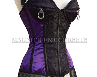 Steampunk Satin Corset Purple & Black Strap Corset Lace Style Flat Front Corset Waist Training Corset Cosplay Goth Style Corset