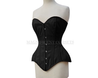 Handmade Satin Overbust Corset – Steel Boned, Heavy Duty Waist Training (Black, Sizes 3XS-7XL)