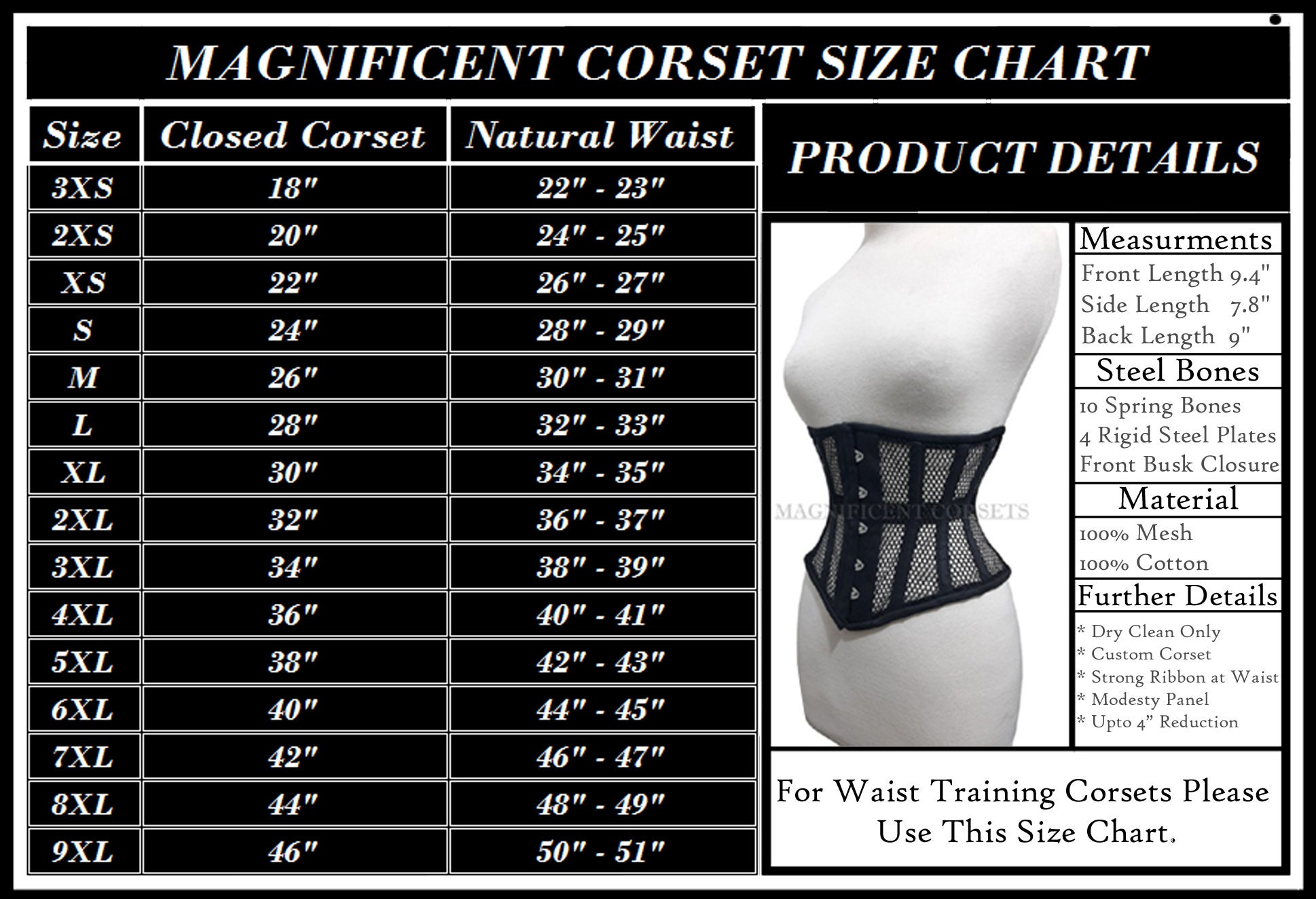 Waist training corset size chart best sale