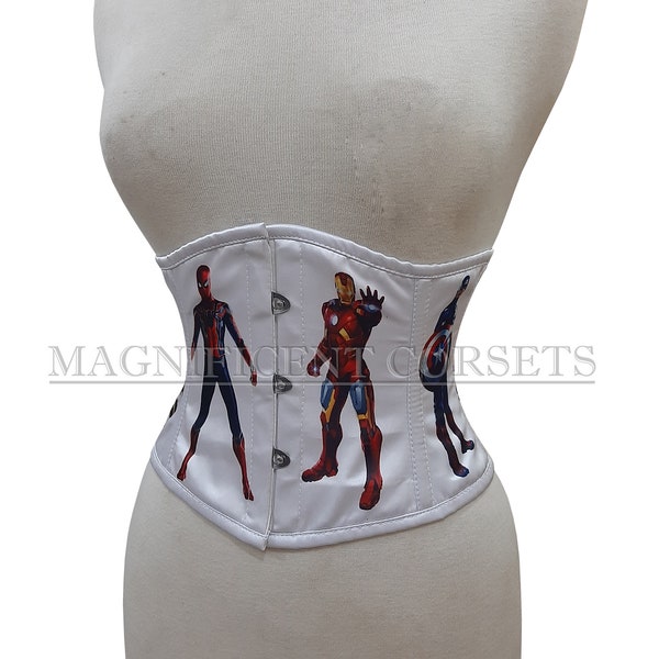 Marvel Corset , Marvel Characters Corset , White Satin Avengers Steel Boned Corset , Underbust Corset , Iron Man Spider Man Groot Hulk Thor