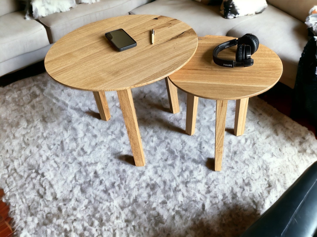 Oak Wood Round Coffee Table Set of 2 – Solid Modern Nesting Tables Duo ...