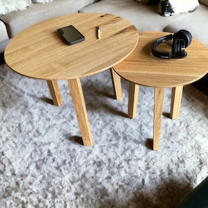 Oak Wood Round Coffee Table Set of 2 – Solid Modern Nesting Tables Duo -Minimalist Nest of Coffee Tables, Swiss Edge, Scandinavian Design