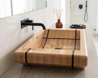 Handgefertigtes Holzwaschbecken aus Buche – Großes Holzwaschbecken mit Streifen aus Wenge