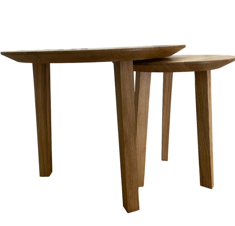 Oak Wood Round Coffee Table Set of 2 Solid Modern Nesting Tables Duo