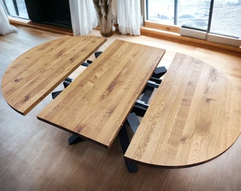 Handcrafted Solid Oak Extendable Dining Table – Round Oval, Metal Legs