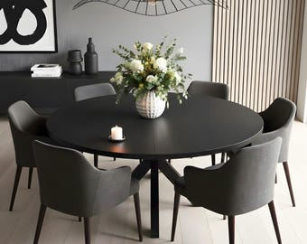 Handmade Black Oak Extendable Dining Table – Round or Oval, Metal Legs