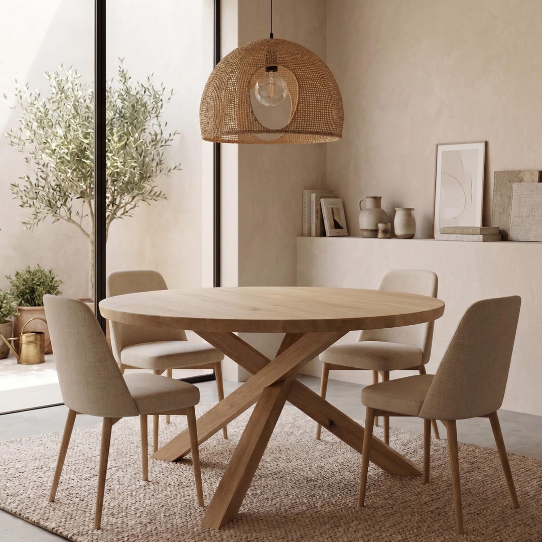 Solid Oak Round Dining Table With Unique Wooden Interlocking Legs ...