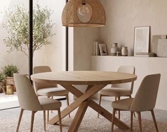 Stilvoller runder Eichen-Esszimmertisch mit gedrehten Spinnen-Holzbeinen, schicker Tisch für Esszimmer, eleganter hoher Kaffeetisch