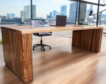 Zebrano Wood Rectangular Dining Table - Contemporary Panel Leg Design