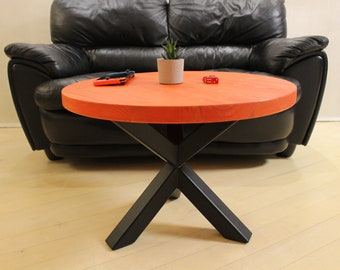 Modern Wooden Coffee Table in Colour Red / Blue / Yellow - Bauhaus Living Room Table - Round Loft Lounge Table with Spider-style Metal Legs