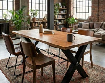 Handcrafted Ash Wood Dining Table with X-Frame Metal Legs, Teak Finish