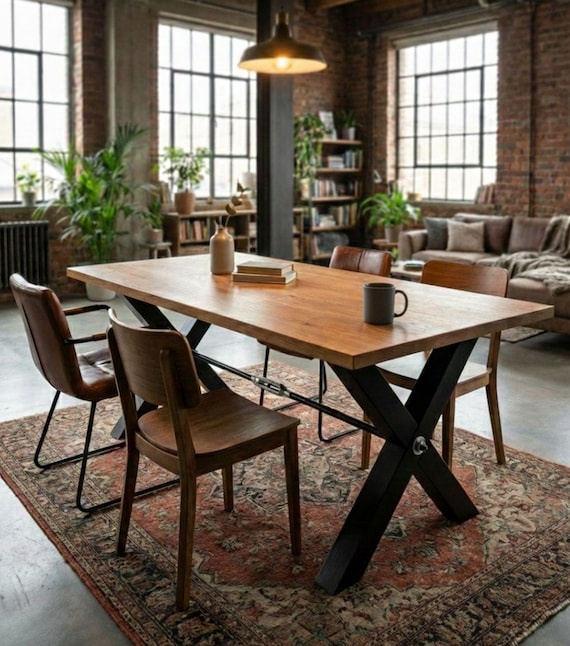 Handgefertigter Esstisch aus Eschenholz mit Metallbeinen, Zeitgenössischer Rechteckiger Holztisch, Moderner Rustikaler Schreibtisch