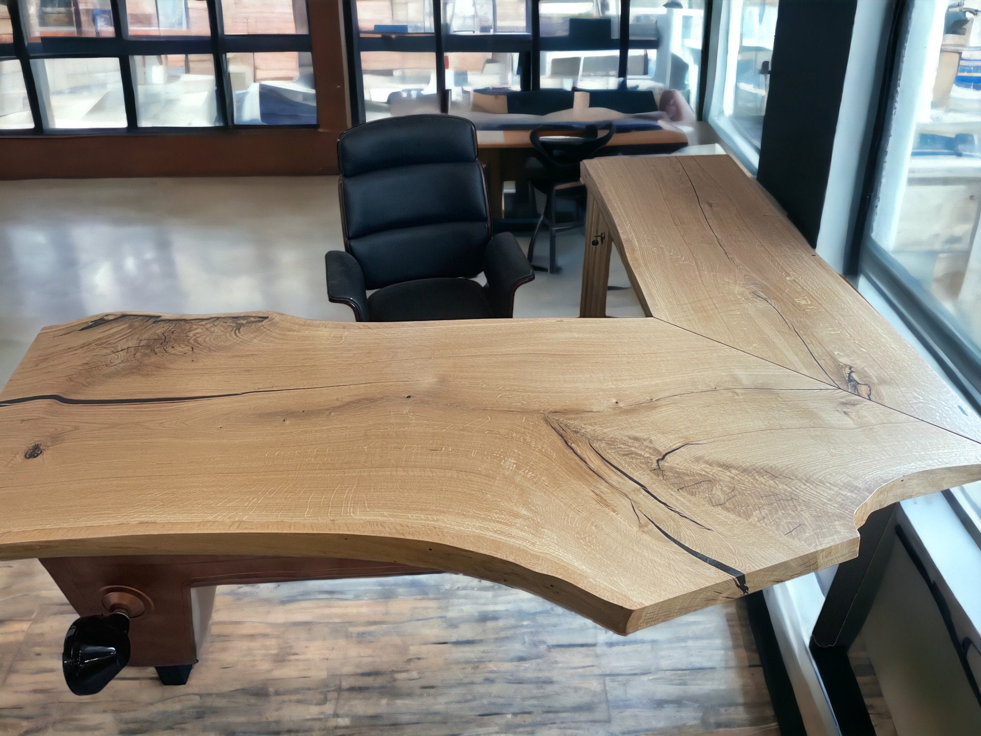 Custom Oak DESK With LIVE Edge MONOLITHIC Top – Unique L