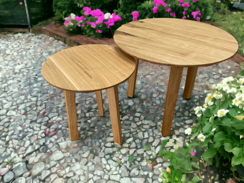 Oak Wood Round Coffee Table Set of 2 Solid Modern Nesting Tables Duo