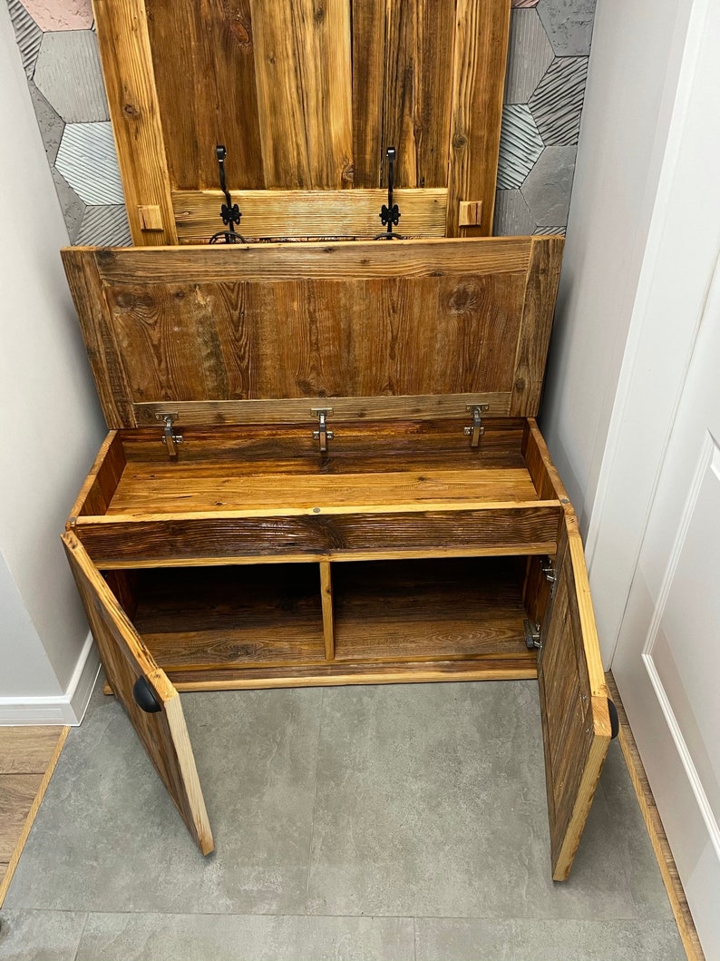 Handmade Rustic Hallway Coat Hanging Rack, Shoe Storage Bench