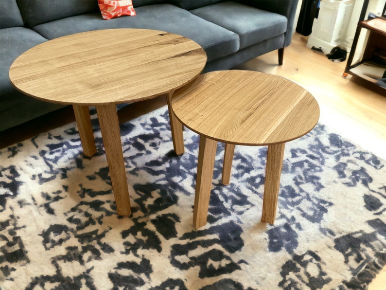 Oak Wood Round Coffee Table Set of 2 Solid Modern Nesting Tables Duo