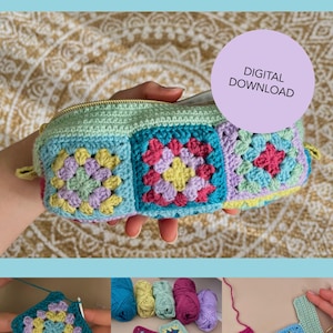 Könnte beinhalten: Ein gehäkeltes Federmäppchen mit einem farbenfrohen Granny-Square-Design. Das Mäppchen hat einen Reißverschluss und ist aus blauen, rosa, gelben und grünen Garnen gefertigt. Der Text "Crochet Pencil Case - Pattern" und "DIGITAL DOWNLOAD" sind sichtbar.