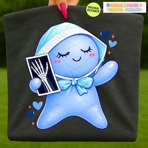 May include: A light blue cartoon character wearing a bonnet and bow tie, holding an X-ray of a hand. The character has closed eyes, rosy cheeks, and is surrounded by blue hearts and sparkles. The design is on a dark grey background.