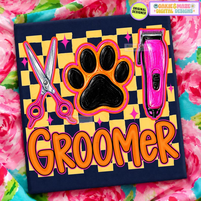 May include: A square graphic design on a dark blue background featuring a yellow and black checkerboard pattern, a black paw print, pink grooming scissors, a pink electric hair clipper, and the orange text GROOMER with small pink stars.