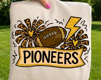 Pioneers Football PNG, Glitter Leopard Sports Sublimation Clipart, School Team Mascot Retro Lightning Design, Game Day Digital Art teacher