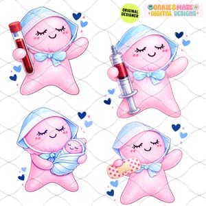 May include: A set of four illustrations featuring a pink, star-shaped character wearing a blue bonnet and bow. The character holds a blood vial, syringe, baby, and bandage. Blue hearts and the text "OAKIE & MAZE + DIGITAL DESIGNS" are also present.
