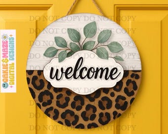 Letrero de bienvenida PNG, decoración de porche con estampado de leopardo por sublimación, colgador de puerta de estilo rústico, diseño digital de puerta de entrada rústica