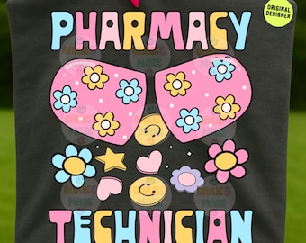 Pharmacy Technician PNG Cute Retro Flower Pill Bottle Pastel Medical Tech Clipart Pharmacist Digital Download Healthcare PNG Design Pharm