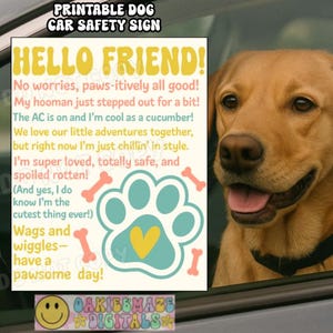 Printable Dog Car Safety Sign “AC is On, I’m Safe” Window Notice Cute Pet Car Sign Digital Download Funny Dog in Car Sign PNG JPEG travel
