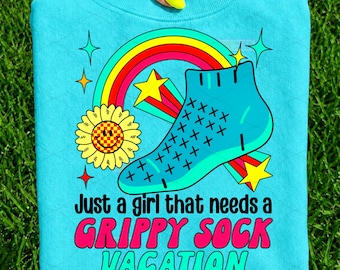 Grippy Sock Vacation PNG Just A Girl Funny Mental Health Quote Retro Pastel Rainbow Clipart Digital Download Trendy PNG Design Sarcasm