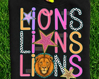 Lions Football PNG, Glitter Leopard Sublimation Clipart, Native Mascot Sports Team Pride Digital Graphic Design school sports team lion png